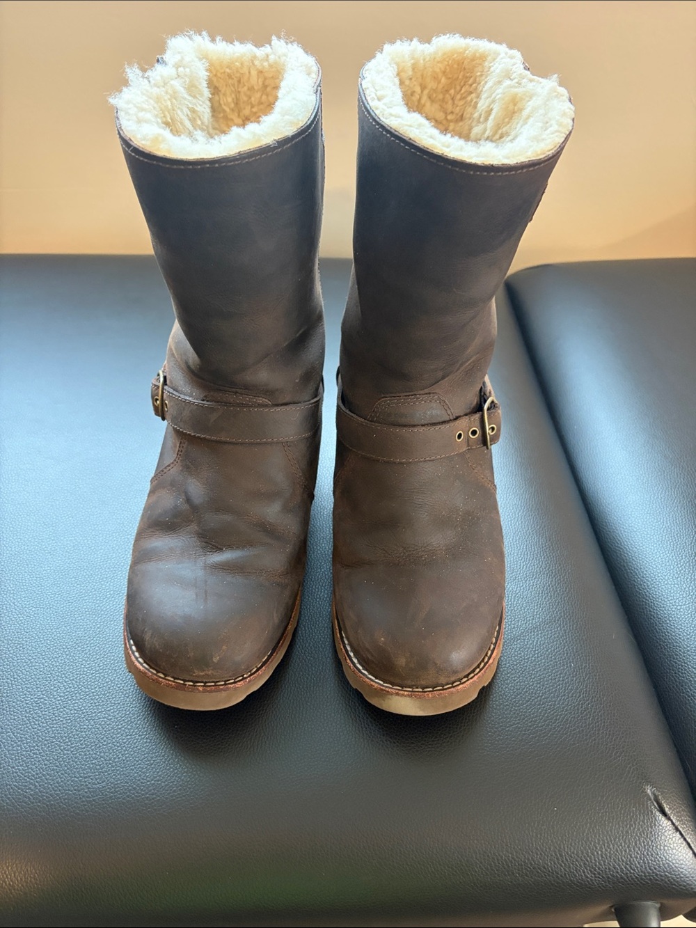 UGG Brown Leather Shearling Lined Mid-Calf Boots